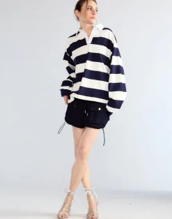 Discount Cynthia Rowley Ardie Striped Rugby Shirt NVYWHT