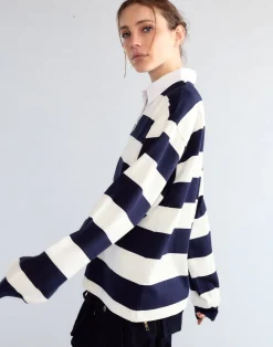 Discount Cynthia Rowley Ardie Striped Rugby Shirt NVYWHT
