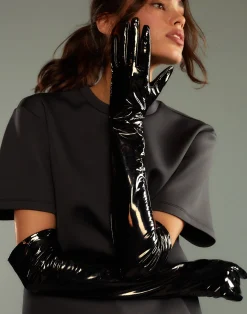 Best Cynthia Rowley Bea Long Patent Leather Gloves BLACK