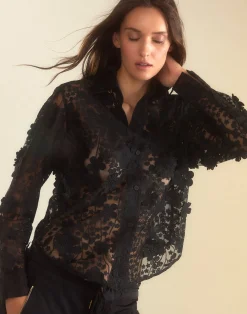 New Cynthia Rowley Blooming Lace Shirt BLACK