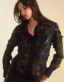 New Cynthia Rowley Blooming Lace Shirt BLACK