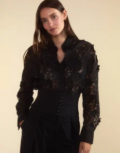 New Cynthia Rowley Blooming Lace Shirt BLACK