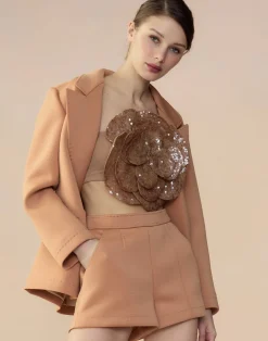 New Cynthia Rowley Bonded Pick Stitch Shorts Tan