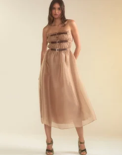 Fashion Cynthia Rowley Buckle Up Silk Organza Dress CAMEL