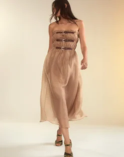 Fashion Cynthia Rowley Buckle Up Silk Organza Dress CAMEL