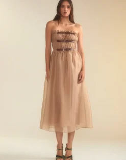 Fashion Cynthia Rowley Buckle Up Silk Organza Dress CAMEL