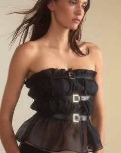 Discount Cynthia Rowley Buckle Up Silk Organza Top BLACK