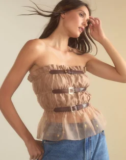 Clearance Cynthia Rowley Buckle Up Silk Organza Top CAMEL