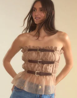 Clearance Cynthia Rowley Buckle Up Silk Organza Top CAMEL