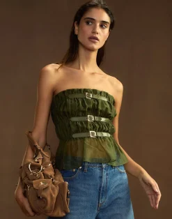 Sale Cynthia Rowley Buckle Up Silk Organza Top DRKGR