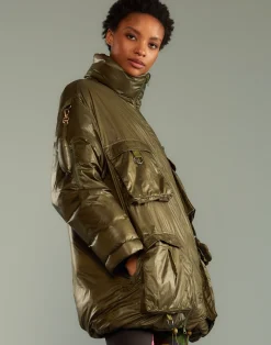 Sale Cynthia Rowley Cargo Pocket Puffer Coat GREEN