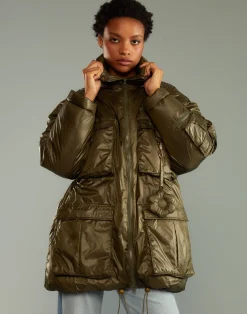 Sale Cynthia Rowley Cargo Pocket Puffer Coat GREEN