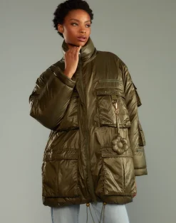 Sale Cynthia Rowley Cargo Pocket Puffer Coat GREEN