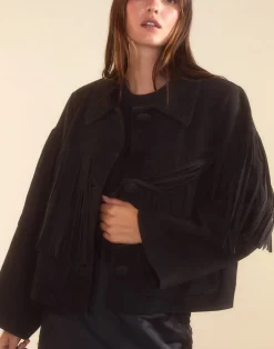Best Cynthia Rowley Carrie Cropped Fringe Suede Jacket BLACK