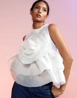 Hot Cynthia Rowley Chloe Organza Flower Top White