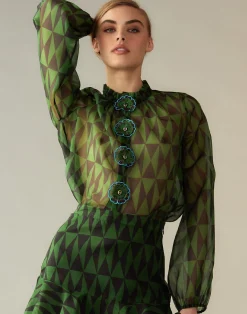 Outlet Cynthia Rowley Evergreen Silk Organza Shirt BLKGRN