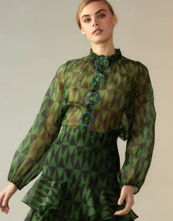 Outlet Cynthia Rowley Evergreen Silk Organza Shirt BLKGRN