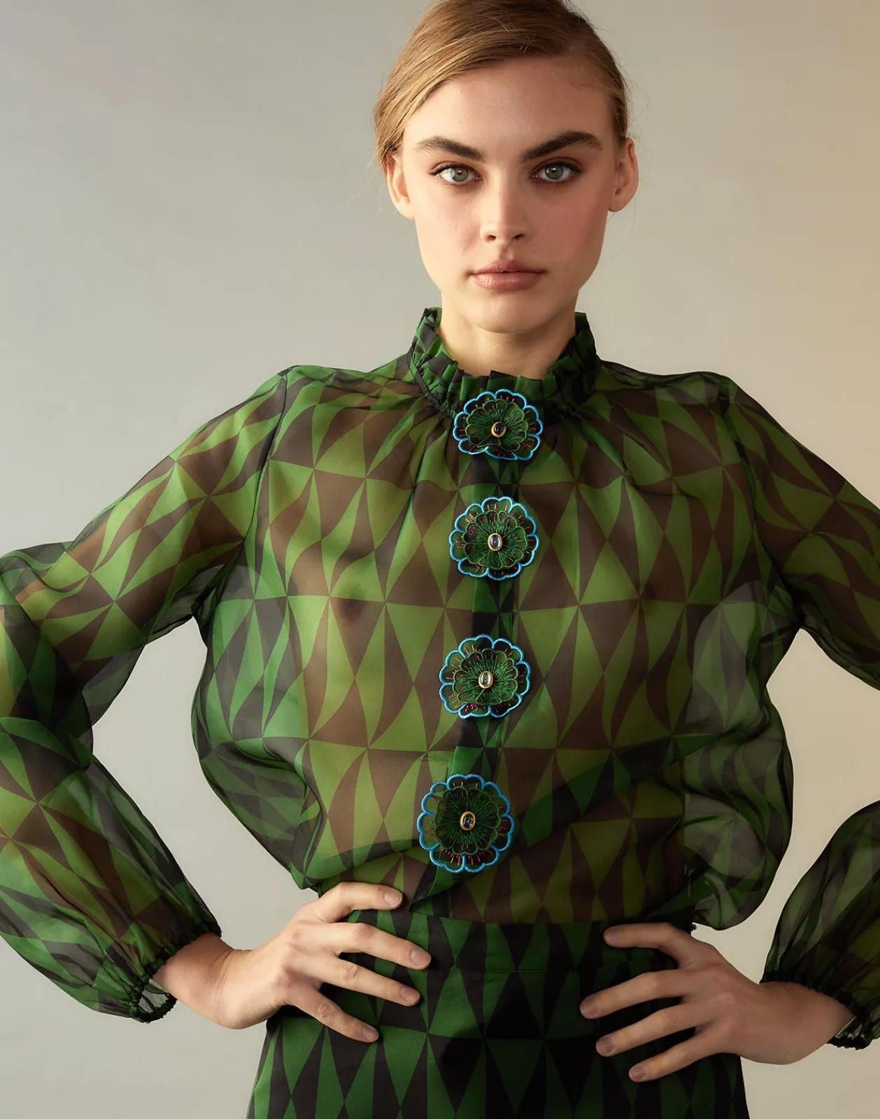 Outlet Cynthia Rowley Evergreen Silk Organza Shirt BLKGRN