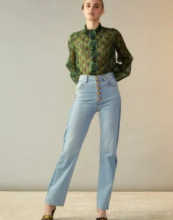 Outlet Cynthia Rowley Evergreen Silk Organza Shirt BLKGRN