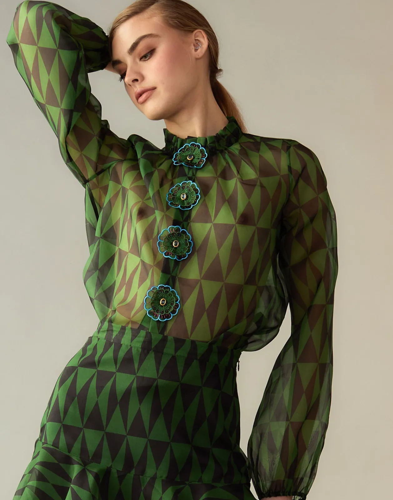 Outlet Cynthia Rowley Evergreen Silk Organza Shirt BLKGRN