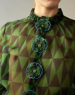 Outlet Cynthia Rowley Evergreen Silk Organza Shirt BLKGRN