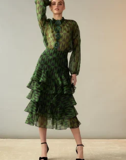 Fashion Cynthia Rowley Evergreen Silk Organza Skirt BLKGRN
