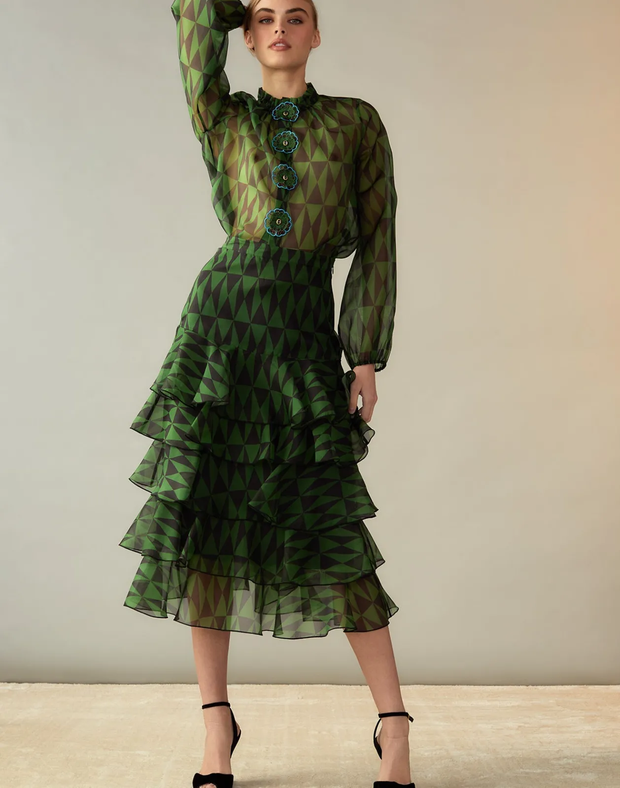 Fashion Cynthia Rowley Evergreen Silk Organza Skirt BLKGRN