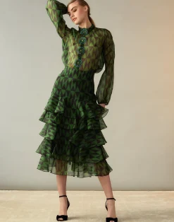 Fashion Cynthia Rowley Evergreen Silk Organza Skirt BLKGRN