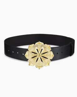 Clearance Cynthia Rowley Gold Flower Buckle Belt BLACK