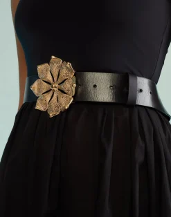 Clearance Cynthia Rowley Gold Flower Buckle Belt BLACK