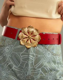 Clearance Cynthia Rowley Gold Flower Buckle Belt Red