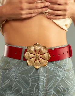 Clearance Cynthia Rowley Gold Flower Buckle Belt Red