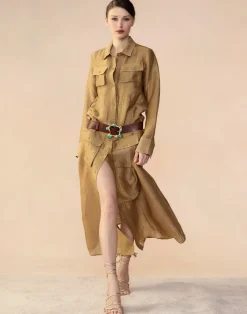 Online Cynthia Rowley Lagos Silk Linen Shirt Dress CAMEL