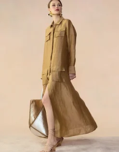 Online Cynthia Rowley Lagos Silk Linen Shirt Dress CAMEL