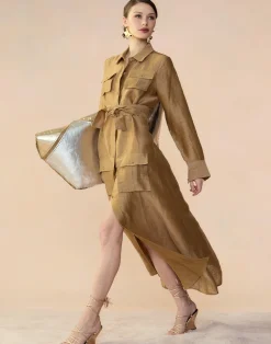 Online Cynthia Rowley Lagos Silk Linen Shirt Dress CAMEL