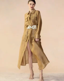 Online Cynthia Rowley Lagos Silk Linen Shirt Dress CAMEL