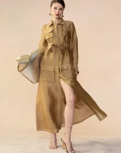 Online Cynthia Rowley Lagos Silk Linen Shirt Dress CAMEL