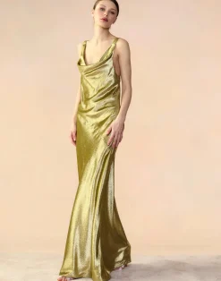 Online Cynthia Rowley Liquid Gold Lamé Dress GREEN