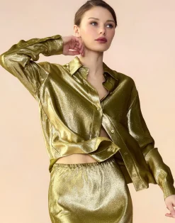 Sale Cynthia Rowley Liquid Gold Lamé Shirt GREEN