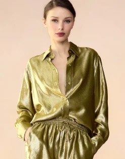 Sale Cynthia Rowley Liquid Gold Lamé Shirt GREEN