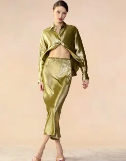 Sale Cynthia Rowley Liquid Gold Lamé Shirt GREEN