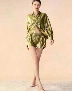 Sale Cynthia Rowley Liquid Gold Lamé Shirt GREEN