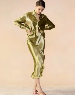 Sale Cynthia Rowley Liquid Gold Lamé Shirt GREEN