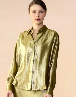 Sale Cynthia Rowley Liquid Gold Lamé Shirt GREEN