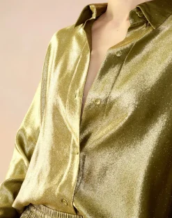 Sale Cynthia Rowley Liquid Gold Lamé Shirt GREEN