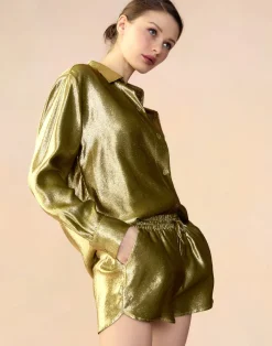 Outlet Cynthia Rowley Liquid Gold Lamé Shorts GREEN