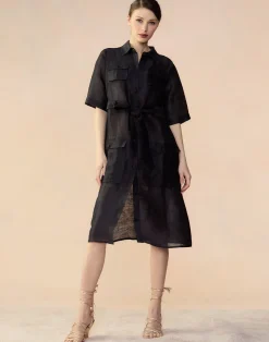 Discount Cynthia Rowley Lisbon Silk Linen Shirt Dress BLACK
