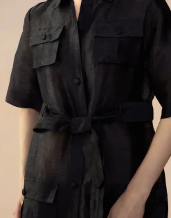 Discount Cynthia Rowley Lisbon Silk Linen Shirt Dress BLACK