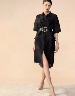 Discount Cynthia Rowley Lisbon Silk Linen Shirt Dress BLACK
