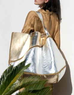 Outlet Cynthia Rowley Mixed Metallic Vegan Leather Oversized Tote GLDSV